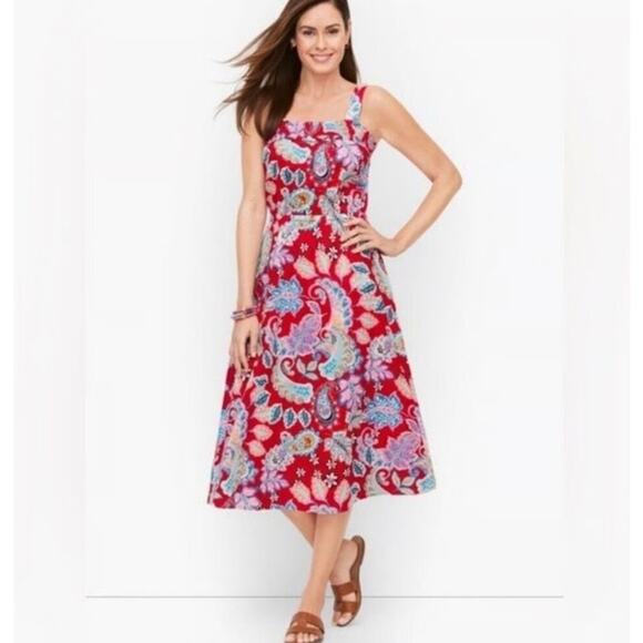 Talbots Womens Fit And Flare Midi Dress 16 Red Colorful Paisley Cotton Summer - Picture 1 of 10